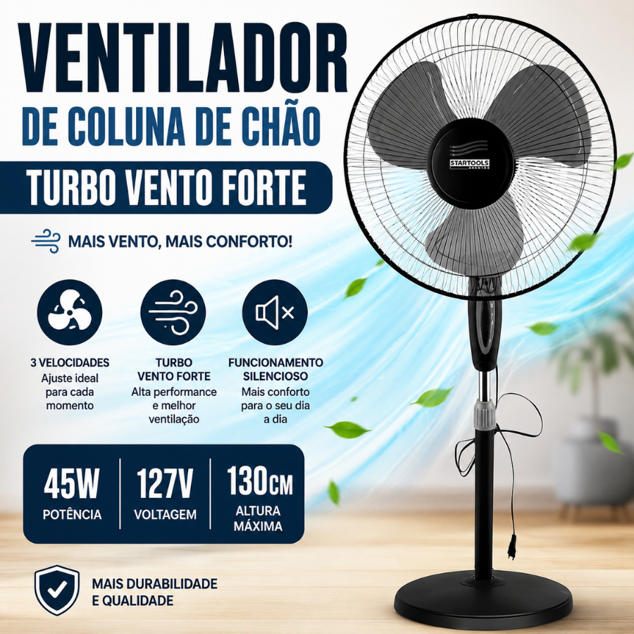 Ventilador De Coluna De Chão Turbo Vento Forte 3 Velocidades 127v 45W 130CM