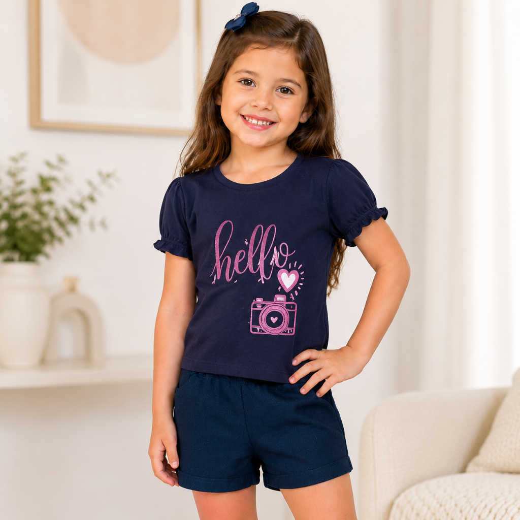 Conjunto Feminino Camisa Short Azul Escuro Infantil Confortavel Casual Verao Leve Algodao 5 6 Anos