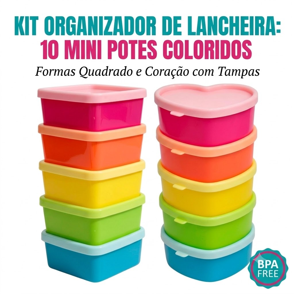 Kit 5 Mini Potes Coloridos Infantil Lancheira Bebê Papinha 80ml Plástico Quadrado Coração (Mais vendido)