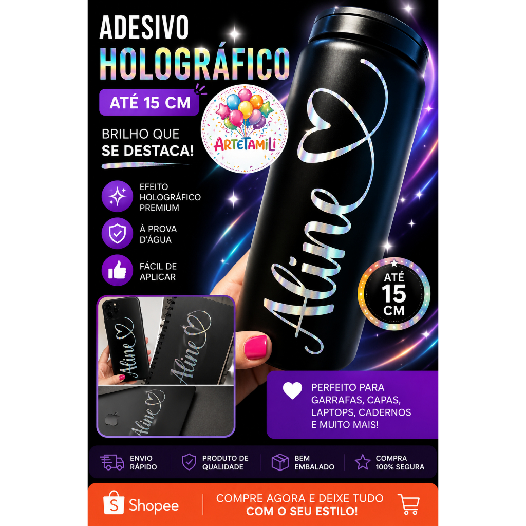 Adesivo Holográfico Nome Personalizado em vinil 15 cm Durabilidade e Fácil Aplicação Garrafa Carro Moto
