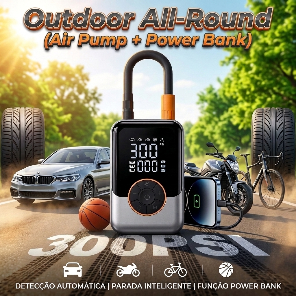 Compressor de Ar De Bomba Portátil + Power bank 300 PSI Digital Encher pneu para Carro Motoe Bicicleta Bateria Portátil