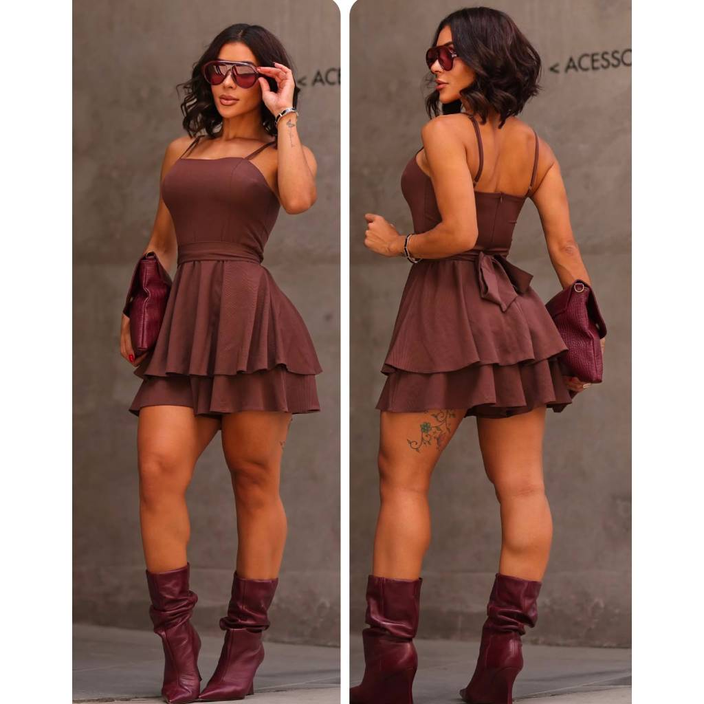 Macaquinho Feminino Sarja Estilo Vestido Bailarina Soltinho Alça Ajustável Laço Removível Elegante