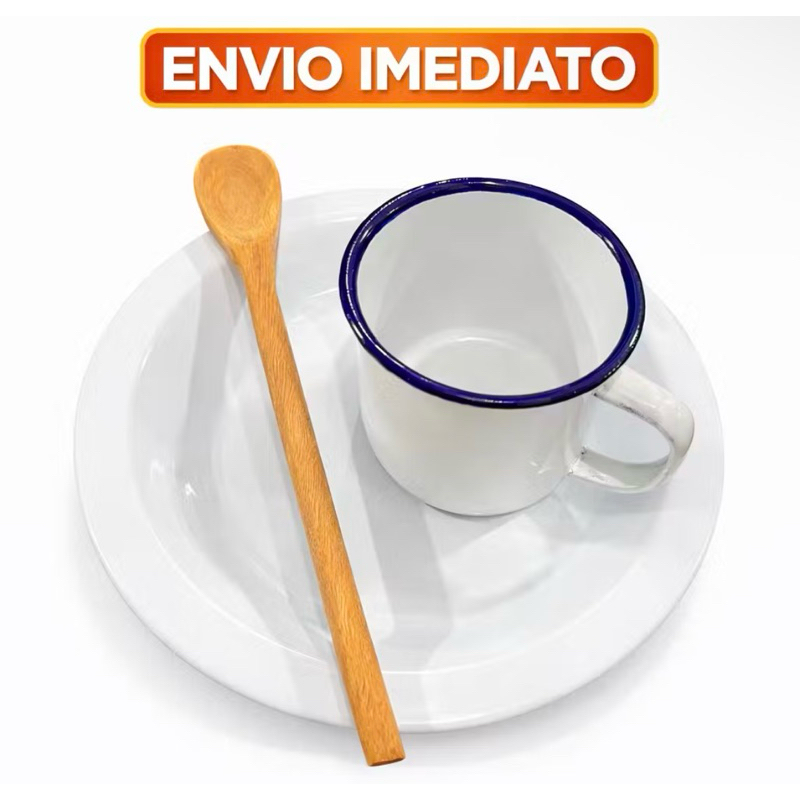 Kit Ágata 3 Peças- Prato Ágata Branco,Caneca Esmaltada + Colher Madeira Envio Imediato