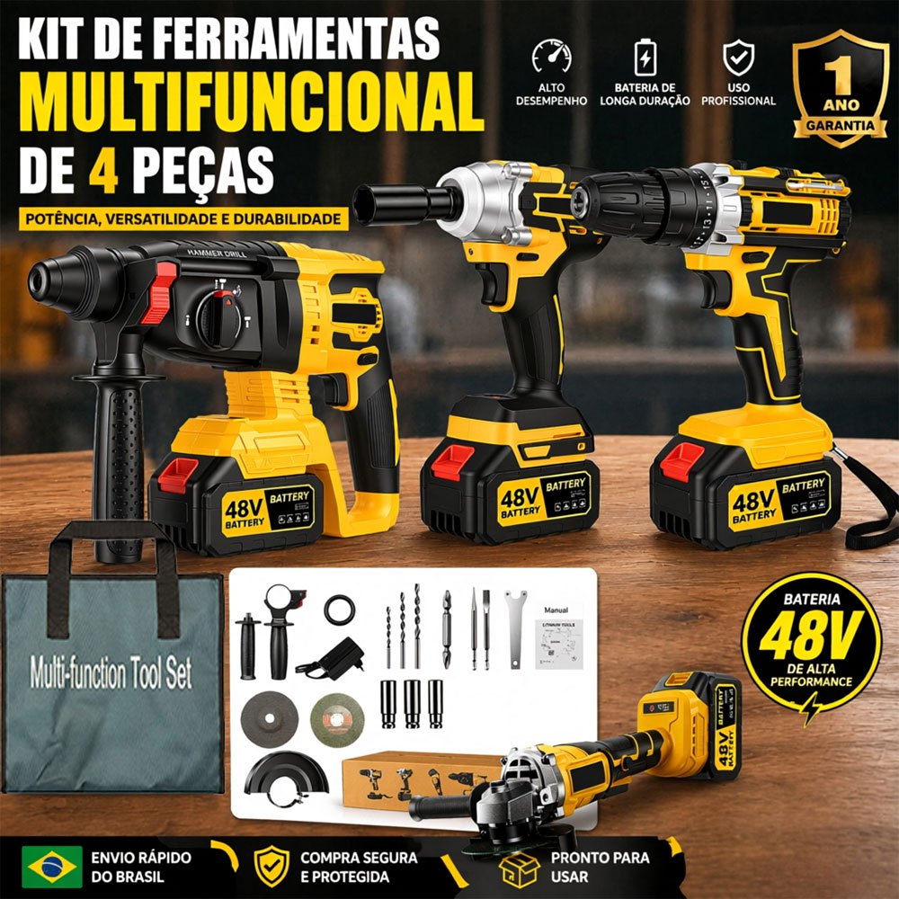 Kit Ferramentas Elétricas 48V com Bolsa de Ferramentas 2 Baterias Chave de Impacto Furadeira Martelete Esmerilhadeira