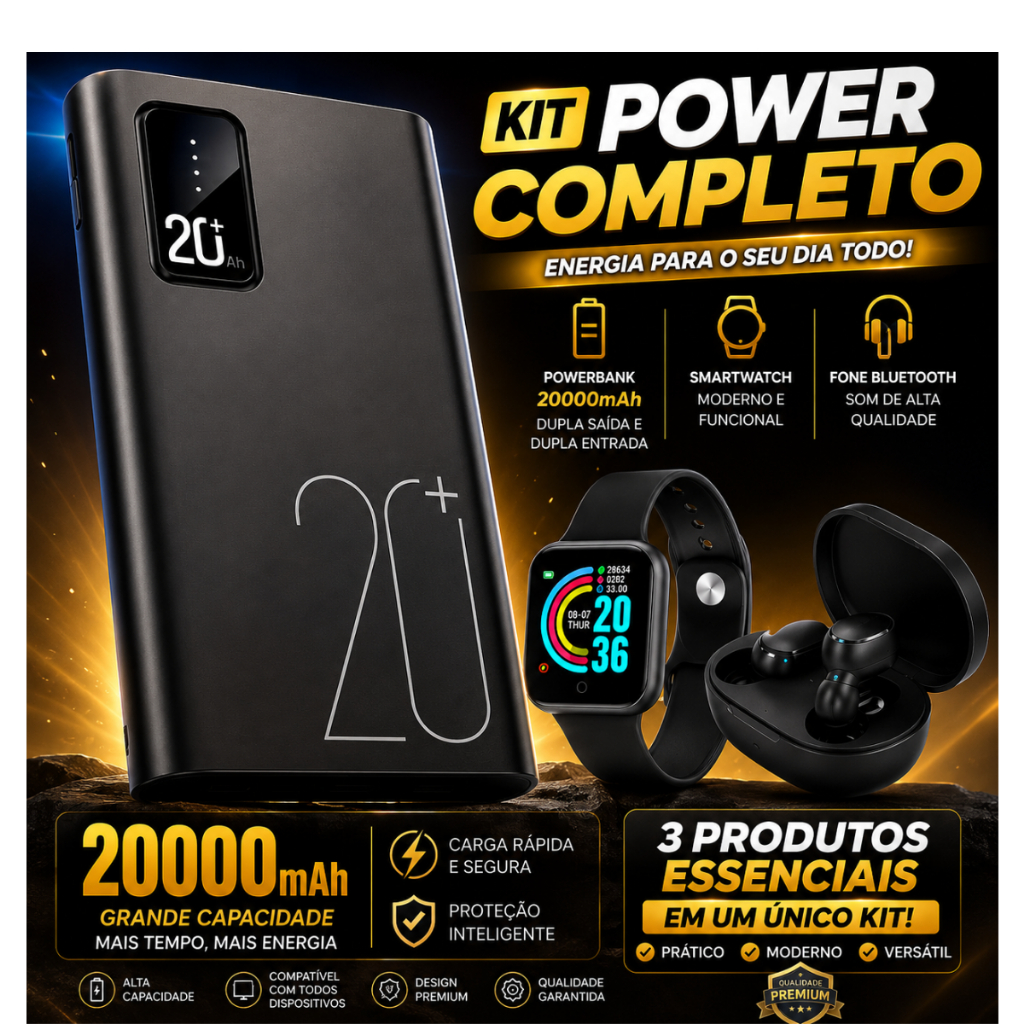 Kit Power Bank 20000mAh + Smartwatch + Fone Bluetooth Sem Fio | Carregador Portátil Original | Carga Rápida