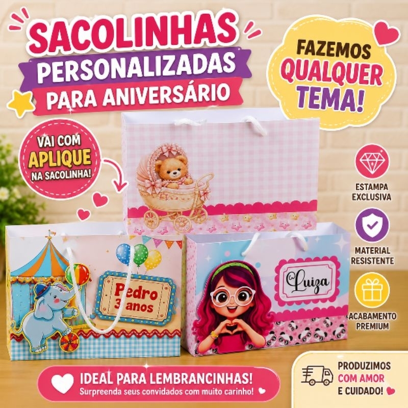 Sacolinha Personalizada para Aniversário com Aplique 3D | Lembrancinha Personalizada | Qualquer Tema |Menina