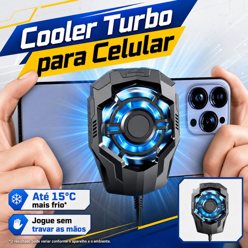 Cooler para Celular Gamer com Ventoinha Turbo de 9 Pás, Luz LED Azul, Clipe Ajustável e Alimentação USB para Jogos