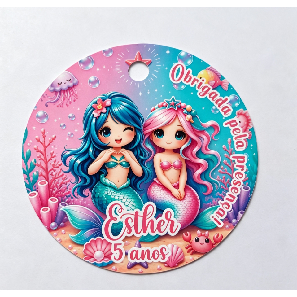 Tag Redonda Personalizada Sereia 5cm | Tag para Lembrancinha | Aniversário Infantil |  Nome e Idade - ENVIO RAPIDO