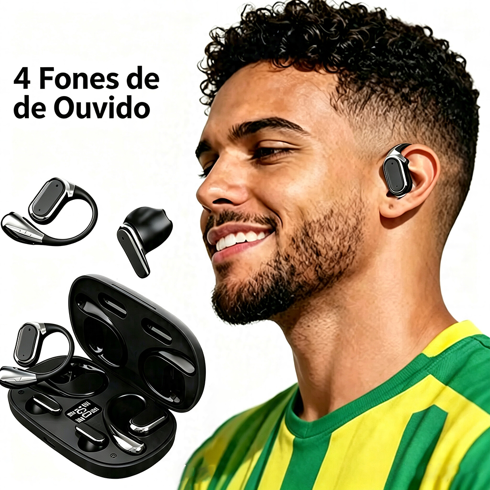 Fone Bluetooth Esportivo TWS 5.4 Quatro Fones- À Prova de Suor, Bateria Longa Duração + Display de Carga -B6