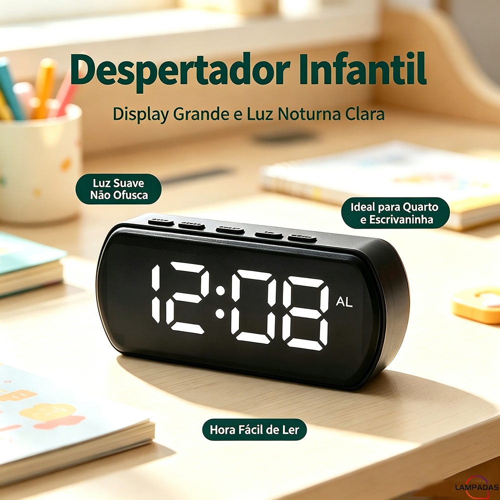 Relógio De Mesa Despertador Digital Tela LED E Bateria Recarregável USB Ideal Para Quartoe Escrivaninha