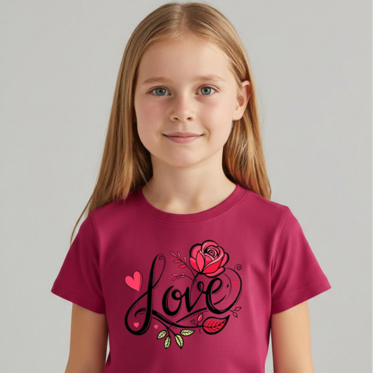 Camiseta Infantil Feminina Love com Estampa de Rosa e Coração em Algodão Confortável Moda Casual Menina
