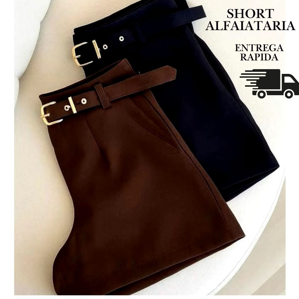 Short femenino Alfaiataria Moderno Zíper Lateral - Envio Rápido