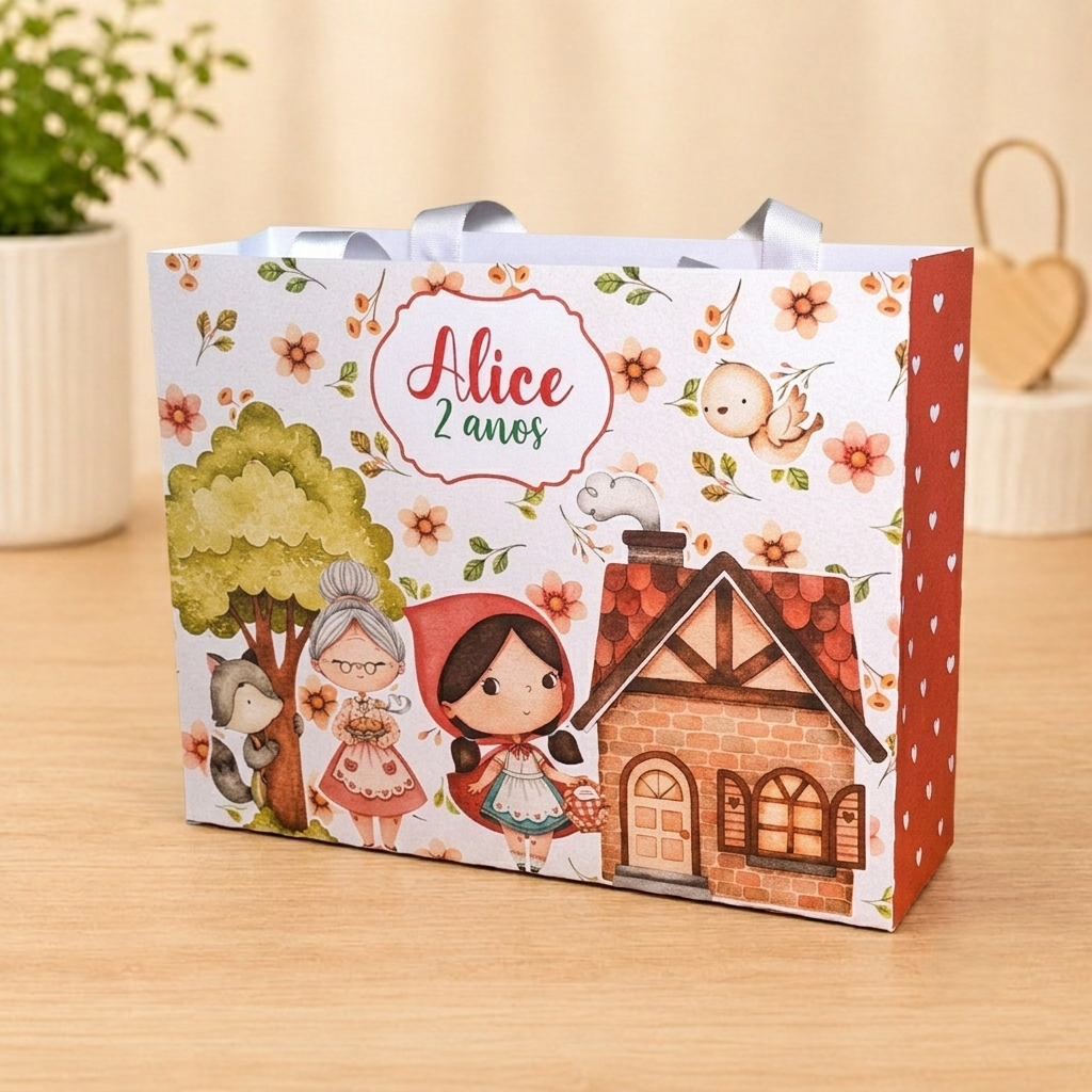 Sacola Chapeuzinho Vermelho Aquarela kit Lembrancinha Personalizada Aniversário Infantil