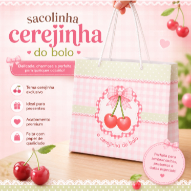 🍒 Sacolinha Personalizada Tema Cerejinha | Sacolinha 20x15 Personalizada Tema Cerejinha | Lembrancinha Festa Infantil