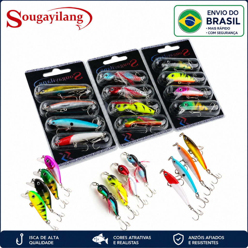 Kit 4 Iscas Artificiais para Pesca Tucunaré Traíra Black Bass Olhos 3D Garatéia Reforçada 5,5cm