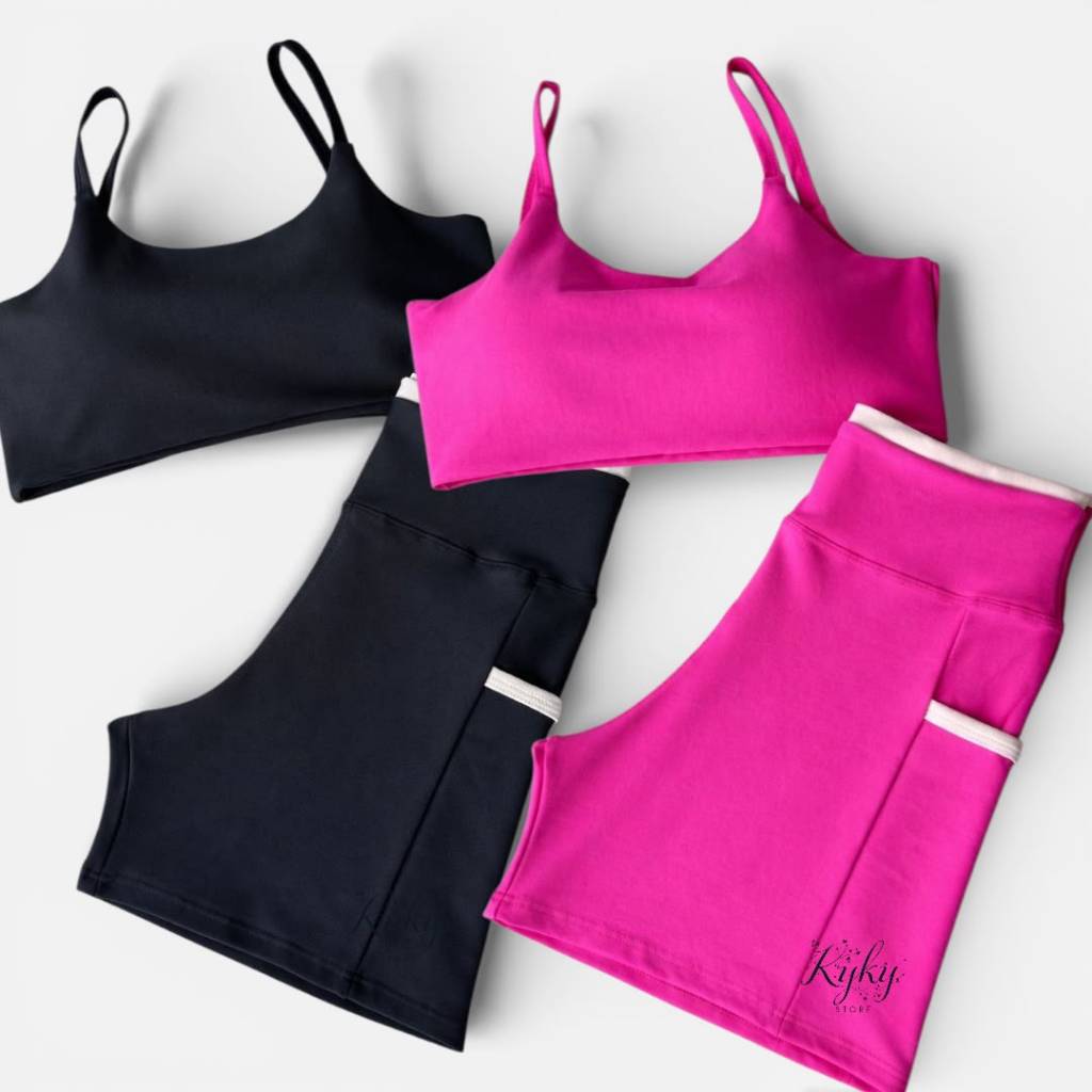Kit 2 Conjuntos Feminino Line Academia Top Costas Nua com Bojo Removível Shorts Bolso Grosso Zero Transparência Cross