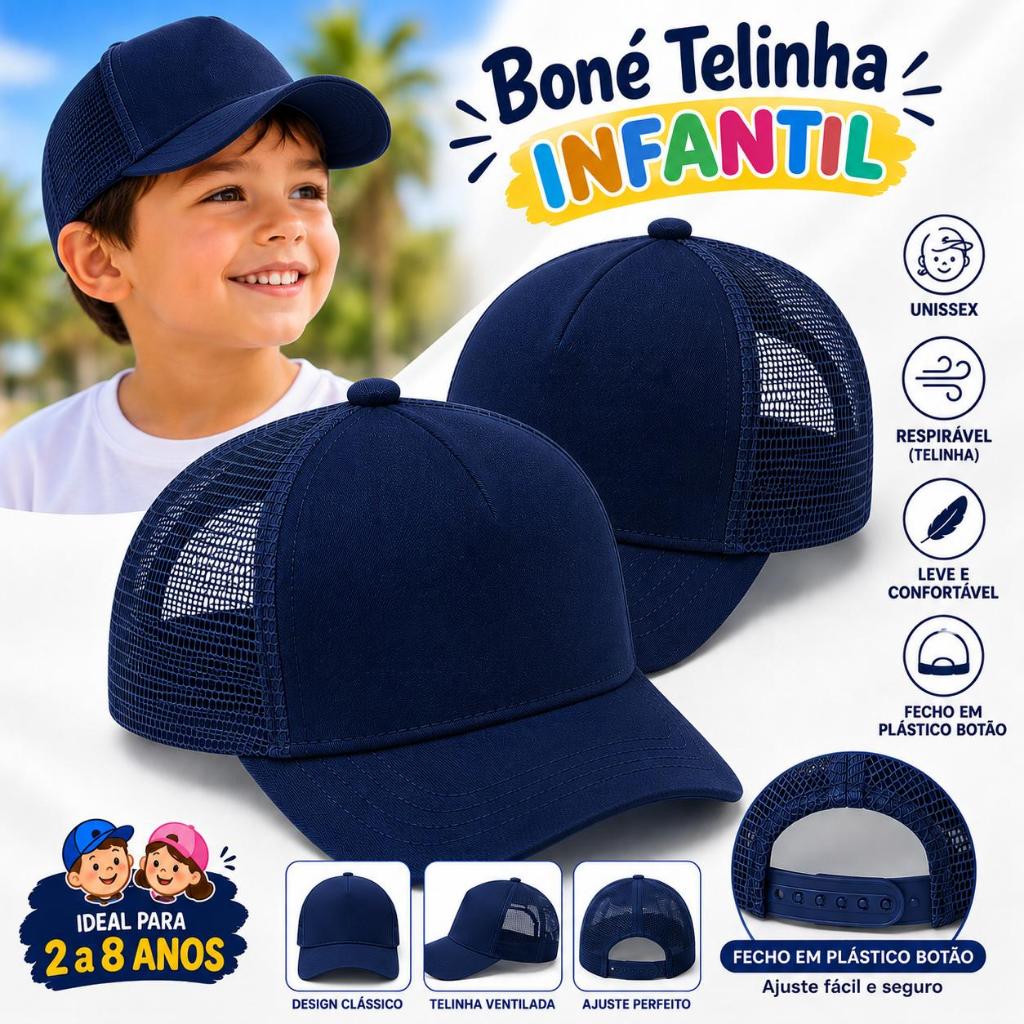 Boné Azul Marinho Infantil Telinha Ajustável  Aba Curva Trucker Menino e Menina