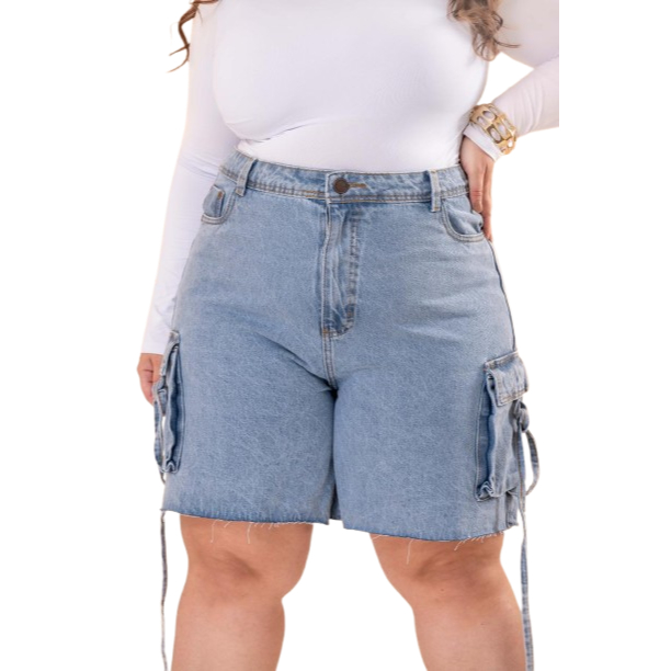 Jorts Jeans bermuda Plus Size Pedal Sem Lycra, Cintura Alta Detalhe De Bolso Cargo, Revesst Jeans.