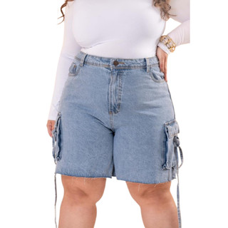 Jorts Jeans bermuda Plus Size Pedal Sem Lycra, Cintura Alta Detalhe De Bolso Cargo, Revesst Jeans.