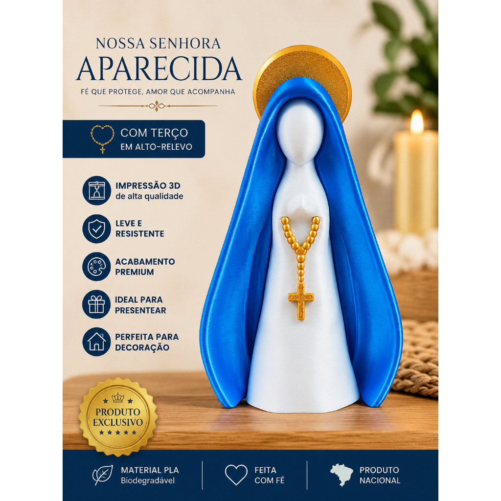 Nossa Senhora Aparecida Decorativa em Impressão 3D com Terço – Decoração Religiosa | Presente Católico