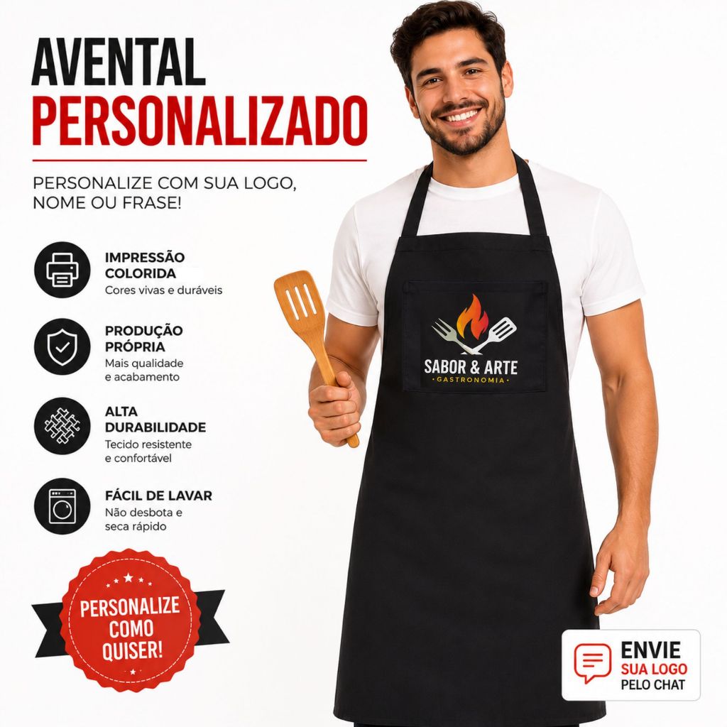 Avental Personalizado com Logo Profissional para Cozinha, Restaurante, Hamburgueria, Bar, Padaria, Café e Eventos