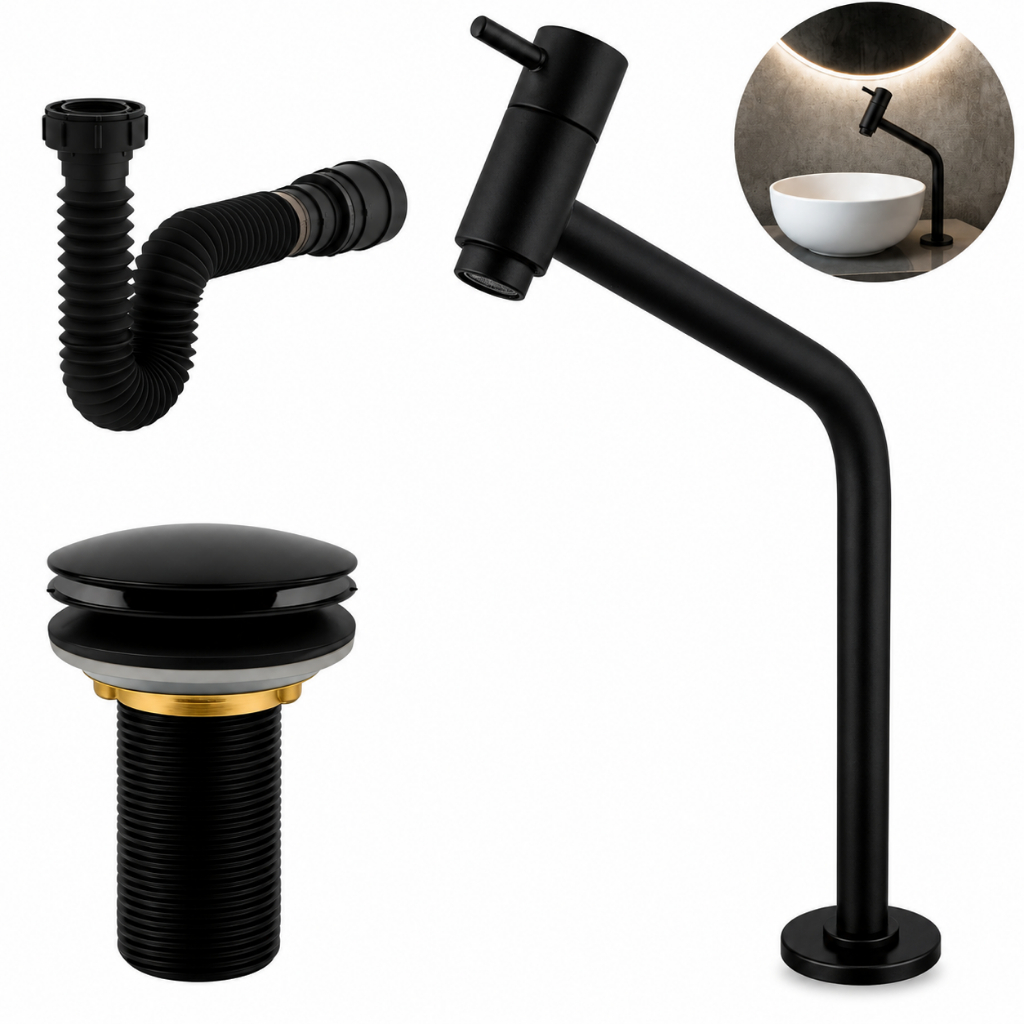 Kit Banheiro em ABS- Torneira Bancada Link+ Ralo Válvula Click 7/8 Preta + Sifão Flexível Universal