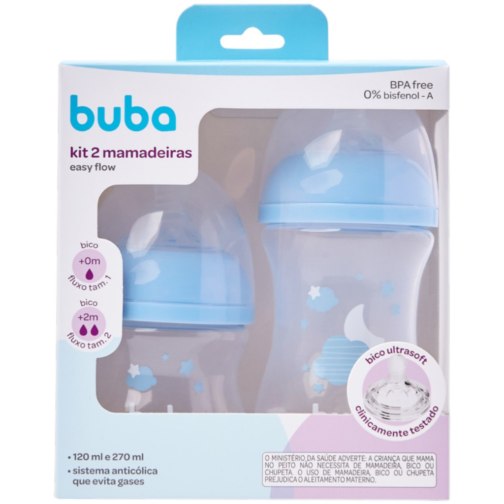 Kit de 2 Mamadeiras 120ml e 270ml - Nuvem Azul - Ultra Soft - Sistema Anticólica Easy Flow - Buba