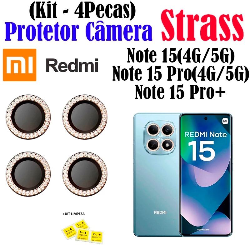 Kit (4 Pecas) Note 15(4G/5G)/Note 15 Pro Plus Película Câmera Strass  Redmi Prot