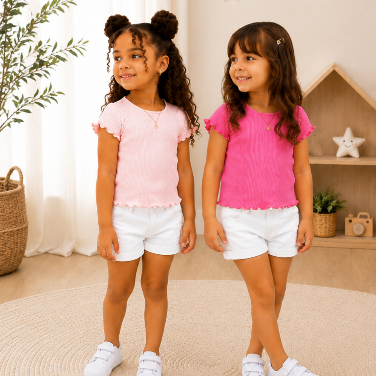 Kit 2 Blusas  Infantil Menina Canelada Frufru  Manga Curta Básica 2 ao 10