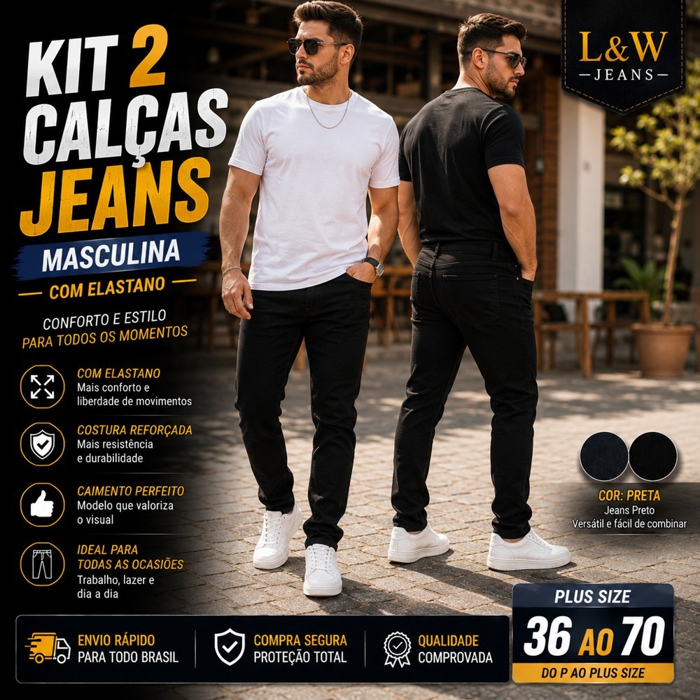 Kit 2 Calças Jeans Masculina com Elastano Plus Size do 36 ao 56 Confortável Caimento Perfeito