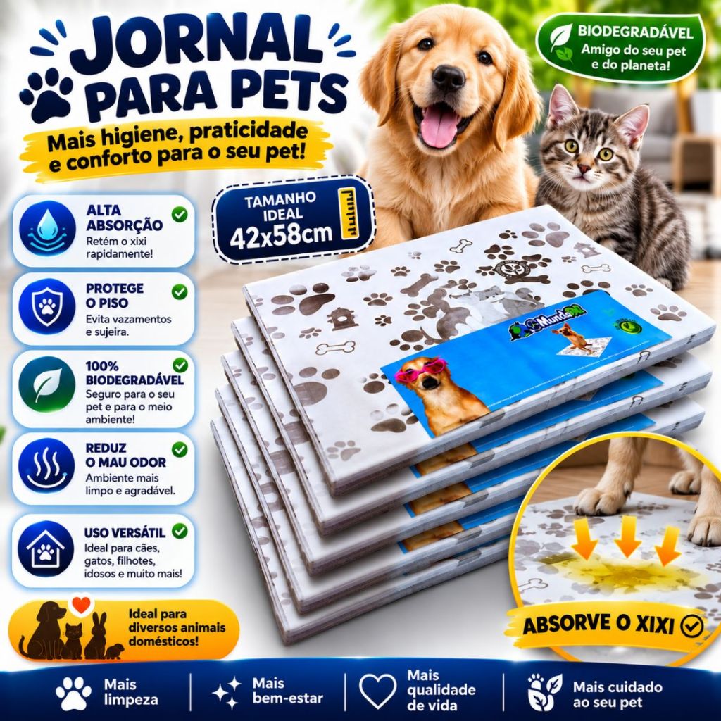 Jornal Pet Higiênico 52/100/200/300/400 Folhas Biodegradável Atóxico Não Mancha