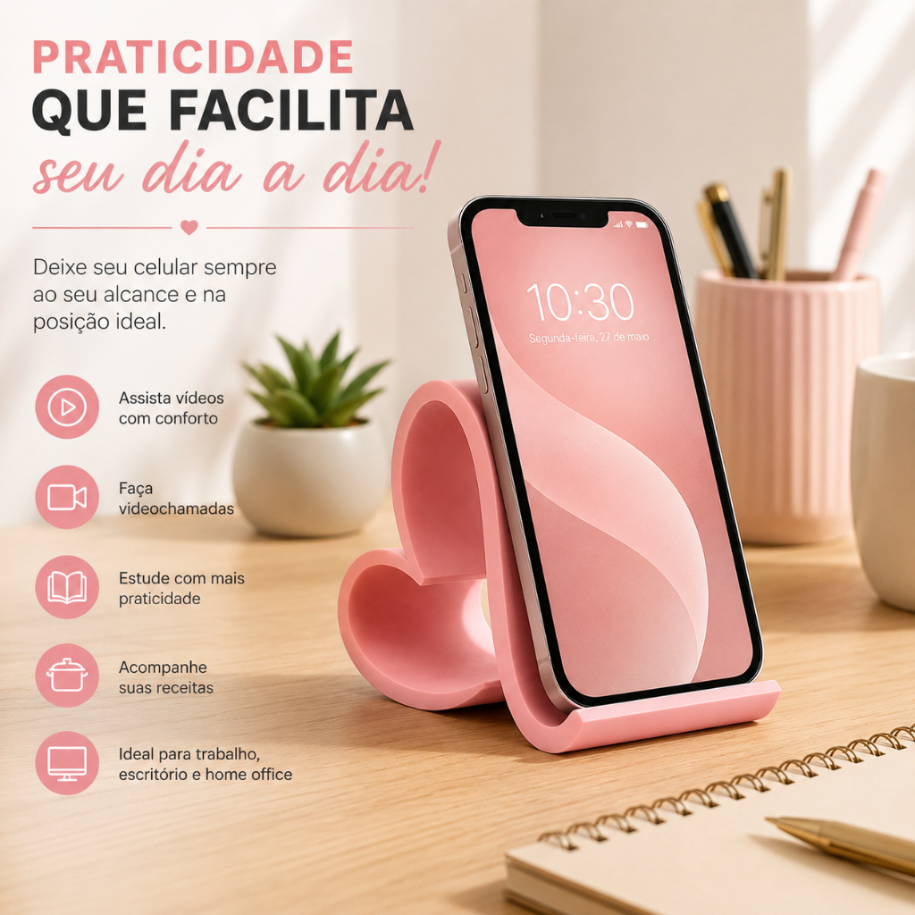 Suporte para Celular de Mesa Coração Porta Smartphone Leve e Ergonômico — imagem 2 de 2