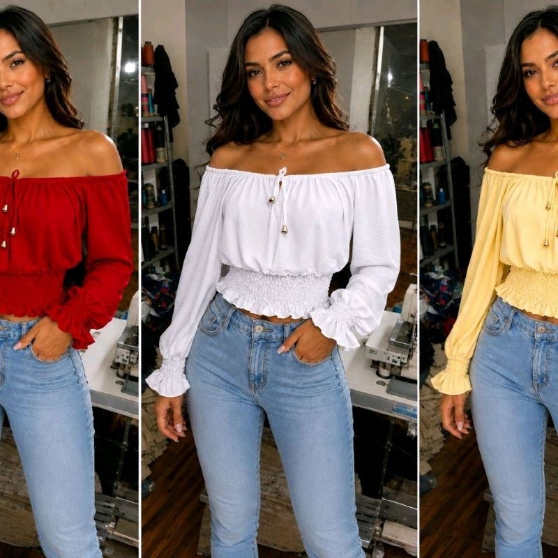 Blusa ciganinha feminina, ombro a ombro, manga longa, tecido confortável, caimento Lind tamanhos M e G, M veste até o P.