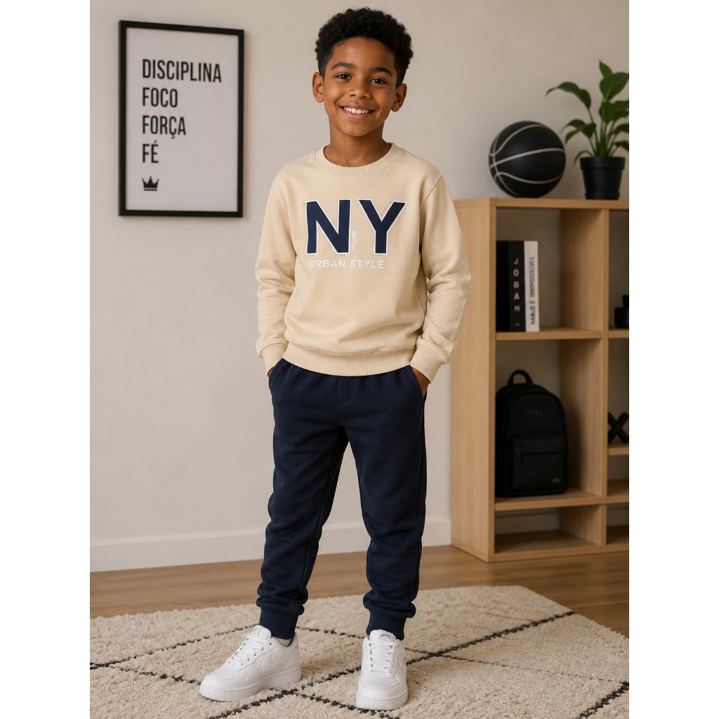 Conjunto de Inverno Infantil Menino NY Moletom Quentinho Casaco e Calça Roupa Infantil Masculina