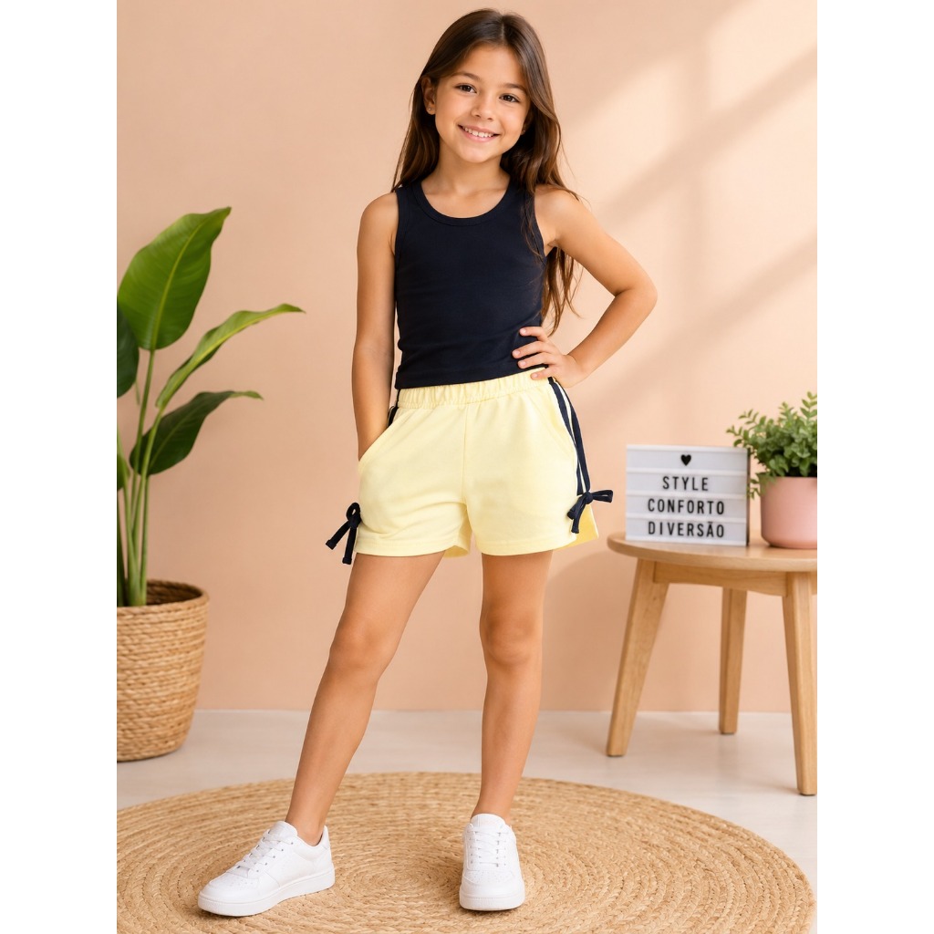 Conjunto Infantil Menina Cropped Preto + Short Moletom 8 Anos Estiloso Confortável Moderno