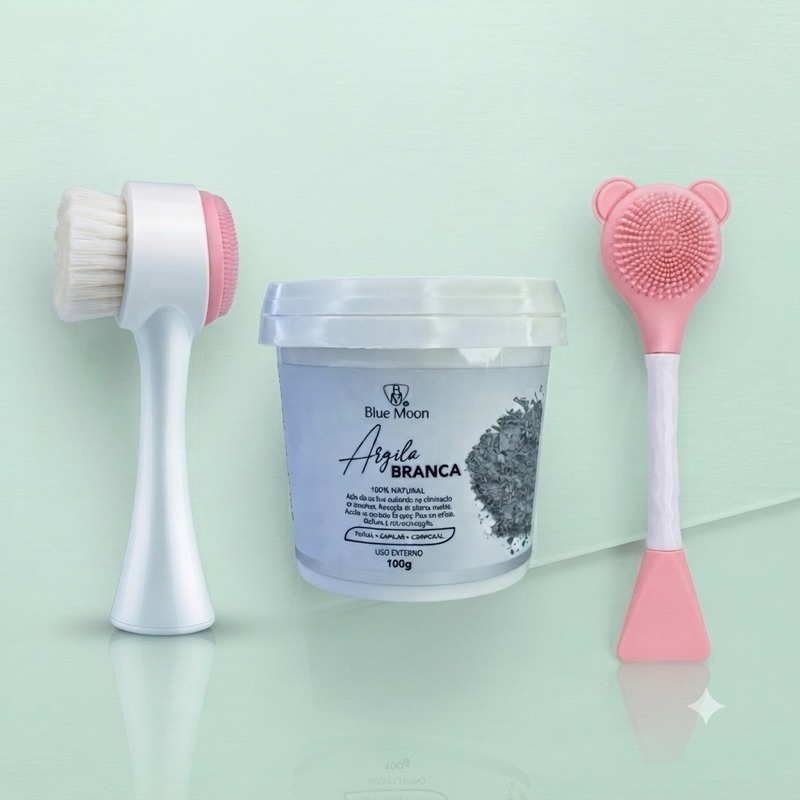 Kit Escova Facial Limpeza + Pincel 2 em 1 Espátula Silicone + Argila Facial Cinza Blue Moon