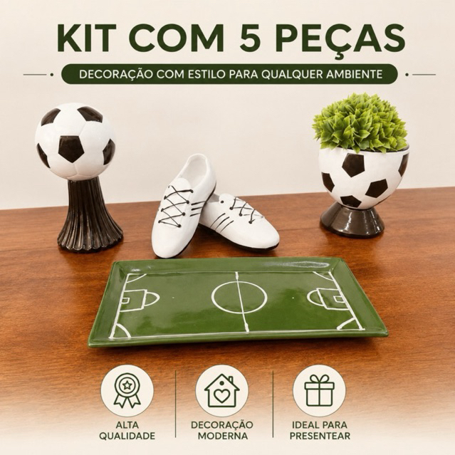 Decoração Premium Futebol Cerâmica Festa Aniversário e Eventos Kit Chuteira Campo Vaso Bola Pedestal Bola Design Moderno