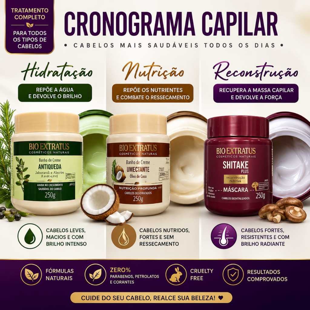 Kit Cronograma Capilar Bio Extratus Máscara Shitake 250g, Banho creme Umectante 250g Antiqueda 250g