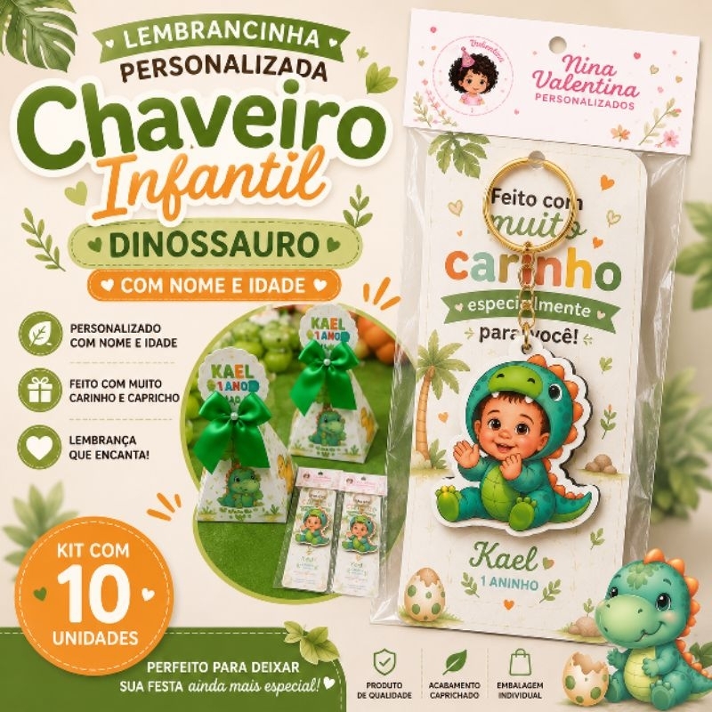 Lembrancinha Infantil Personalizada Dinossauro | Chaveiro com Nome e Idade | Kit 10 Unidades Aniversário