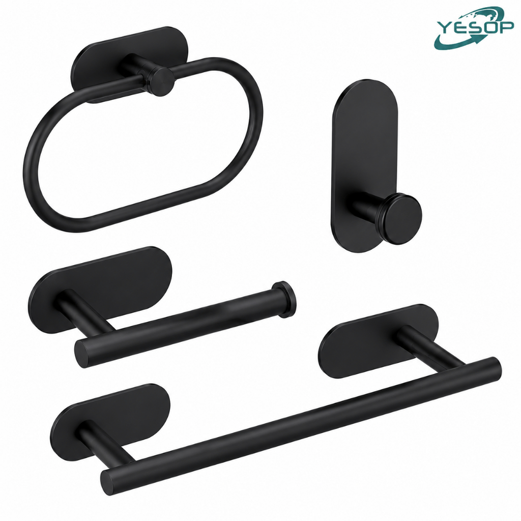 YESOP Kit Acessórios Banheiro 4 Peças Inox Sem Furo Adesivo Premium Parede Moder