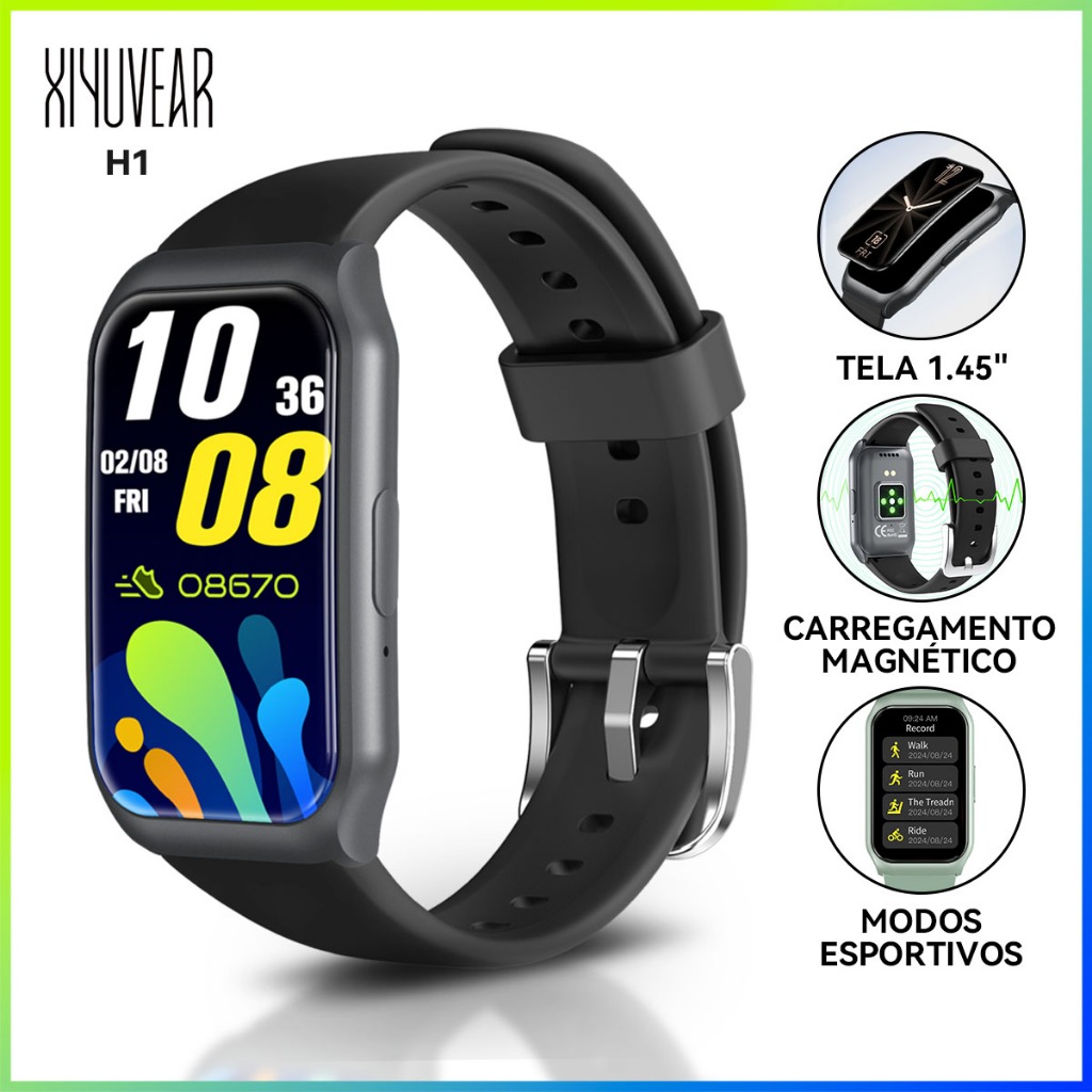 Smartwatch XiYuVear H1 Prata Tela 1,45" com Chamadas Bluetooth, Notificações, Frequência…
