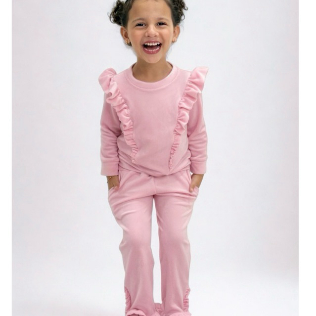 Conjunto Infantil Menina Inverno Frio Quentinho Peludinho Com Babados Calça E Casaco Estiloso Lillie Arimas