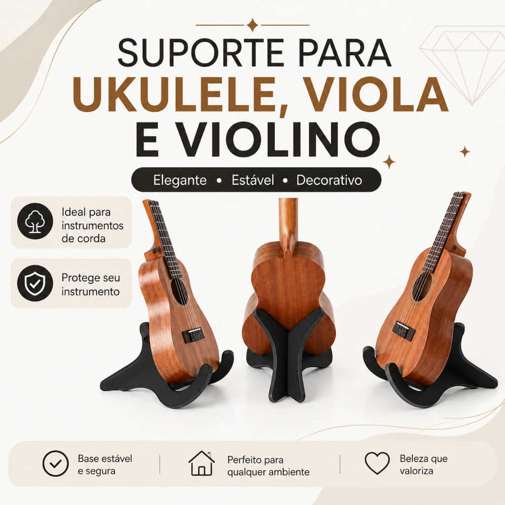 Suporte para Ukulele, Viola, Violino e cavaquinho – Base Estável e Decorativa