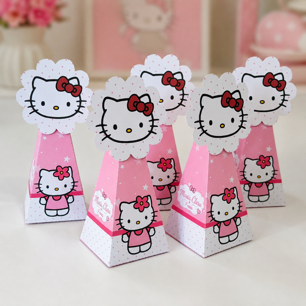 Caixa Cone Pirâmide Personalizada Lembrancinha Papelaria Aniversário Hello Kitty