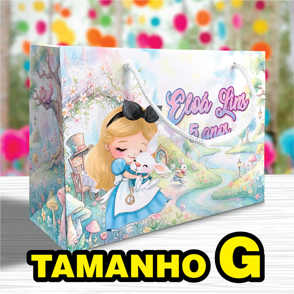 Sacolinha Alice no País das Maravilhas Grande TAMANHO G Personalizada Kit Festa Lembrancinha Sacola Deitada Reta