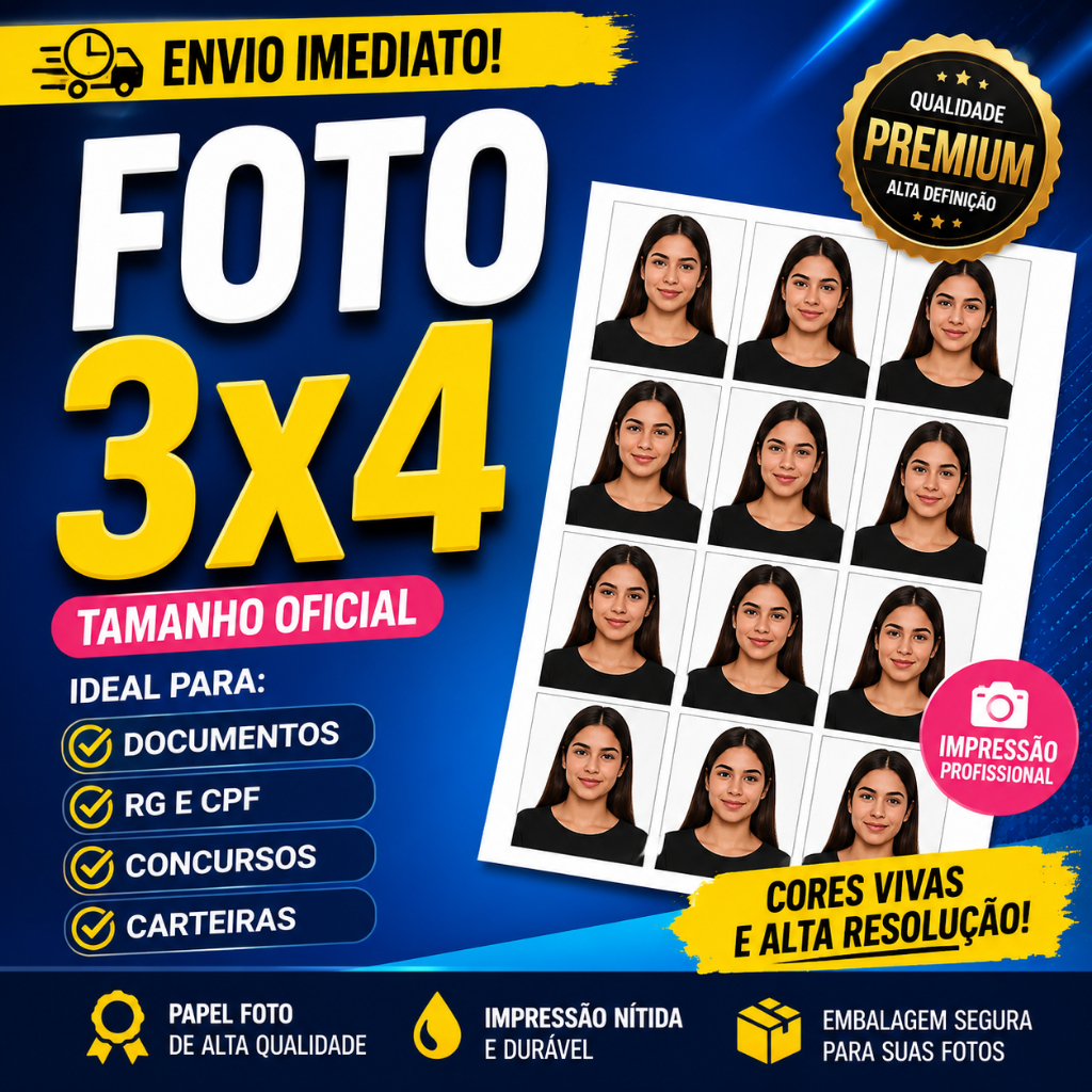 Imagem 📸 Foto 3x4 para Documentos | Impressão Premium em Papel Fotográfico | RG CNH Passaporte Concurso | Envio Rápido
