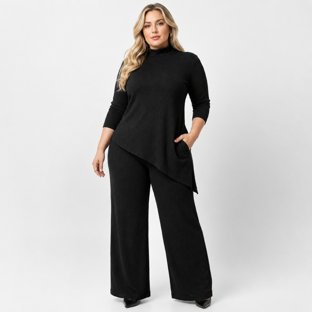 Conjunto Anarruga Pantalona Blusa Assimétrica Com Manga Longa Moda Elegante E Confortável