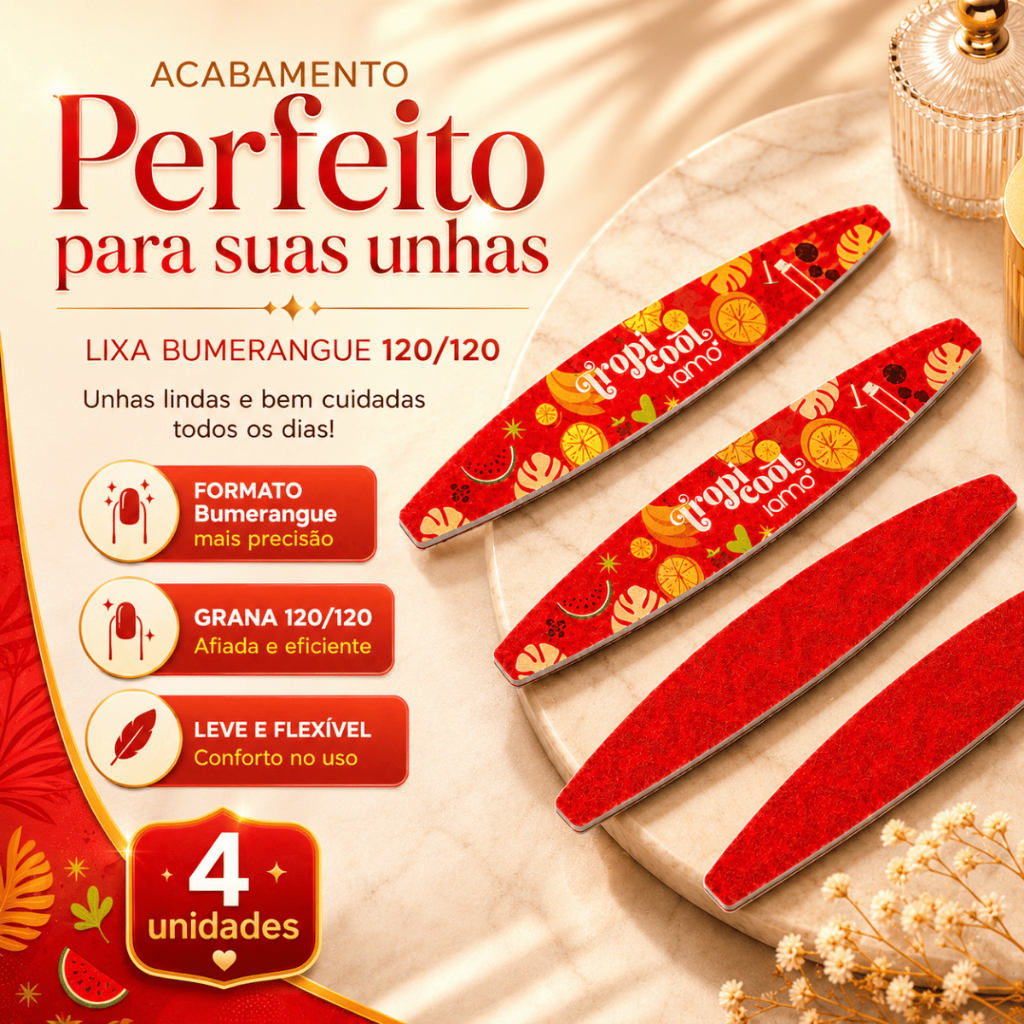 Lixa Bumerangue Profissional 120/120 para Unhas Gel Acrigel Manicure Kit 4 Unidades