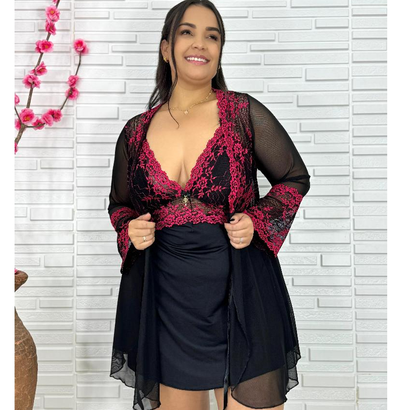 Robe Feminino Plus Size Bicolor Tule Renda Bicolor Hobby Luxo Sensual Dormir  Linha Premuim