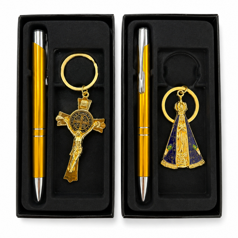 Kit Caneta e Chaveiro Religioso Nossa Senhora Aparecida ou Cruz São Bento | Presente Católico | Lembrança de Aparecida